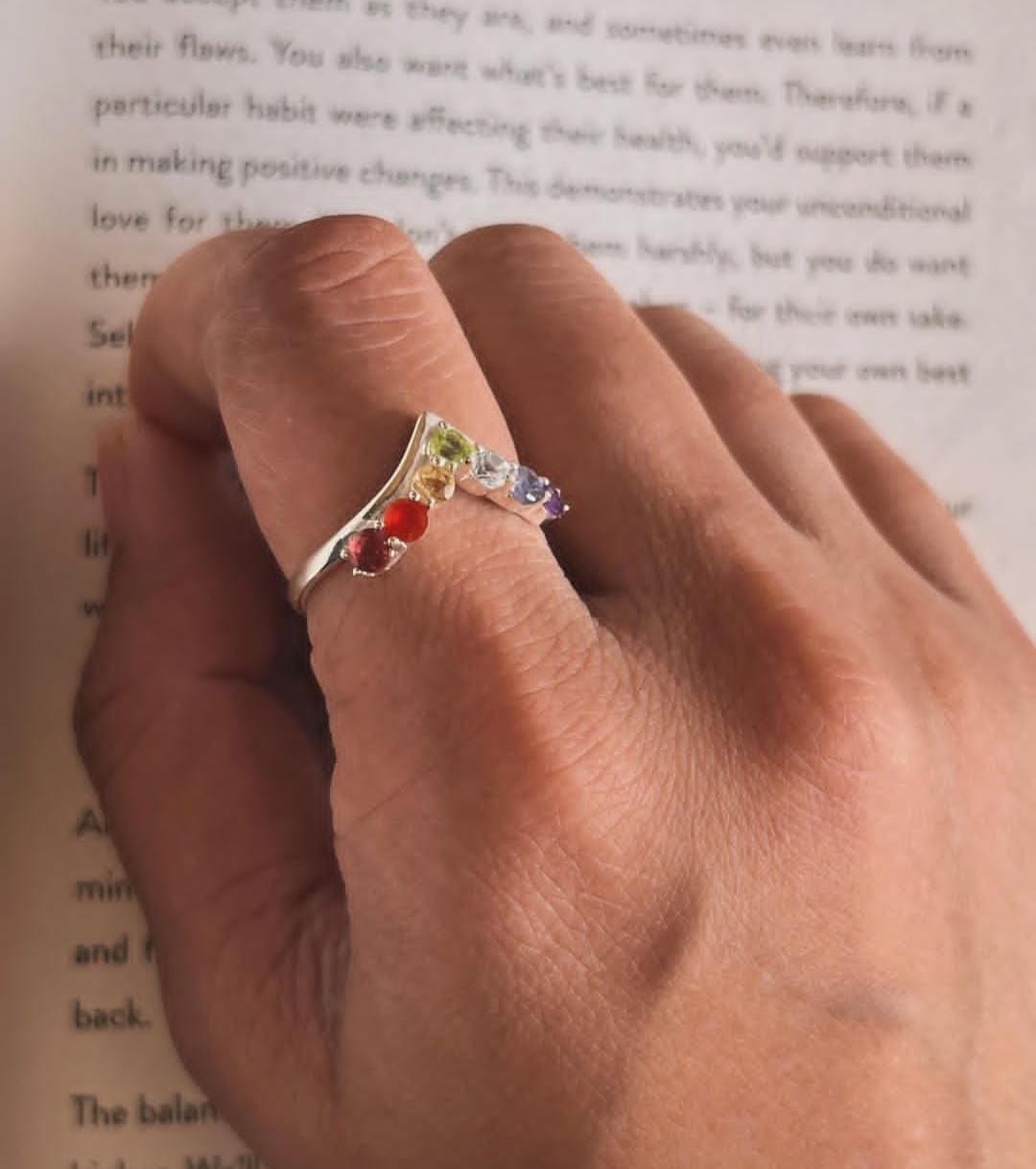 Timeless silver ring with seven chakra stones in V pattern