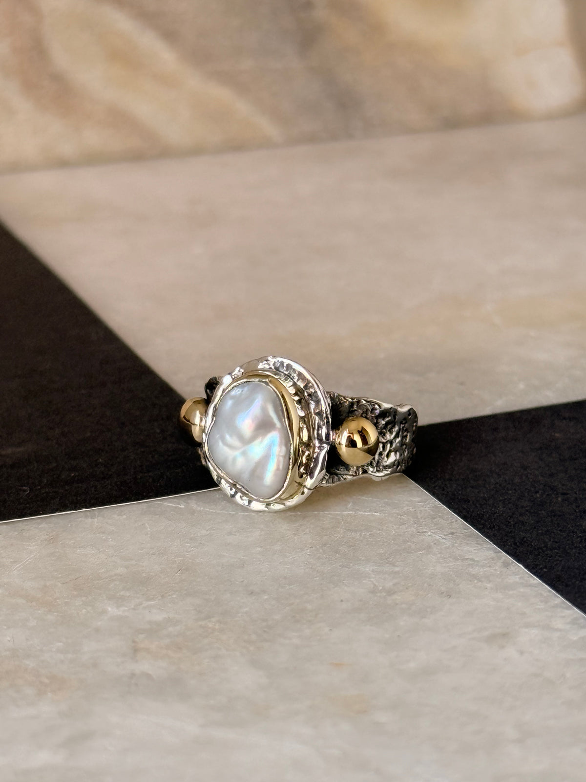 925 Sterling Silver Baroque Pearl Rustic Fusion Handcrafted Ring