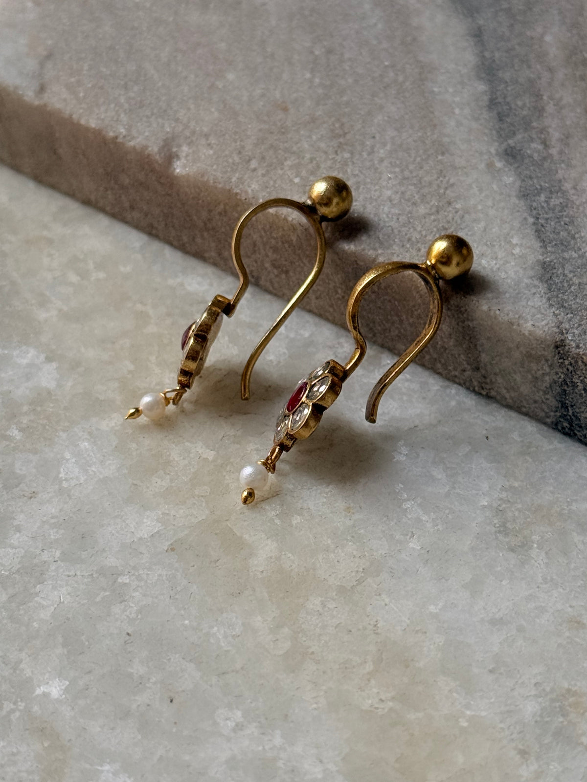925 Sterling Silver Gold Plated Pink White Stone Kundan Polki & Fresh Water Pearls Charm Bugadi Ear Cuff