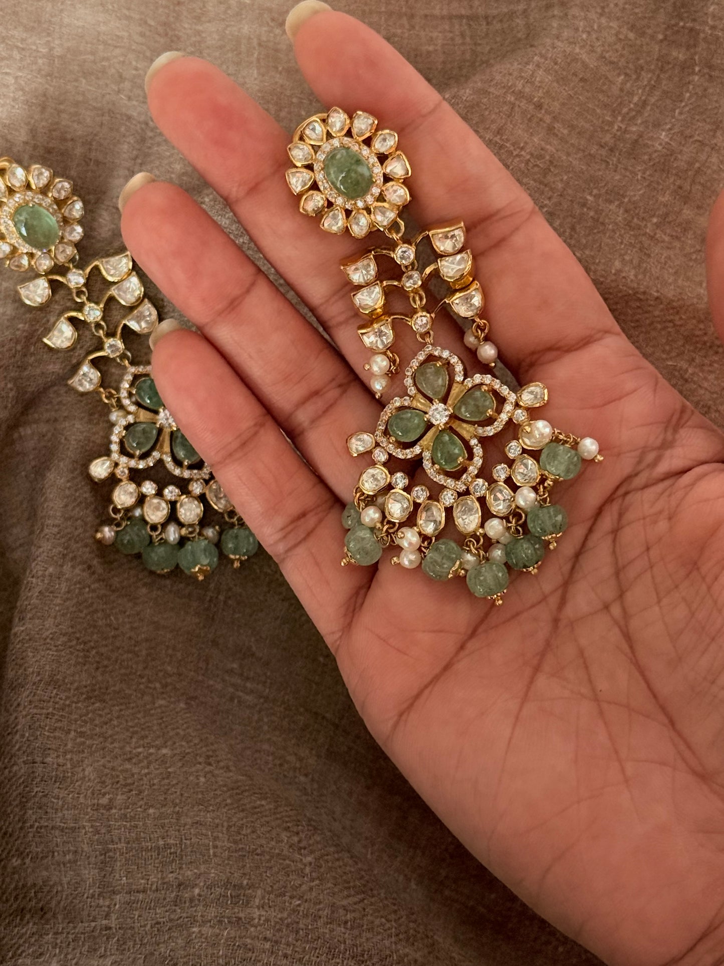 925 Sterling Silver Gold Plated Antique Moissanite Polki Green Onyx , Fresh Water Pearls Statement Earrings