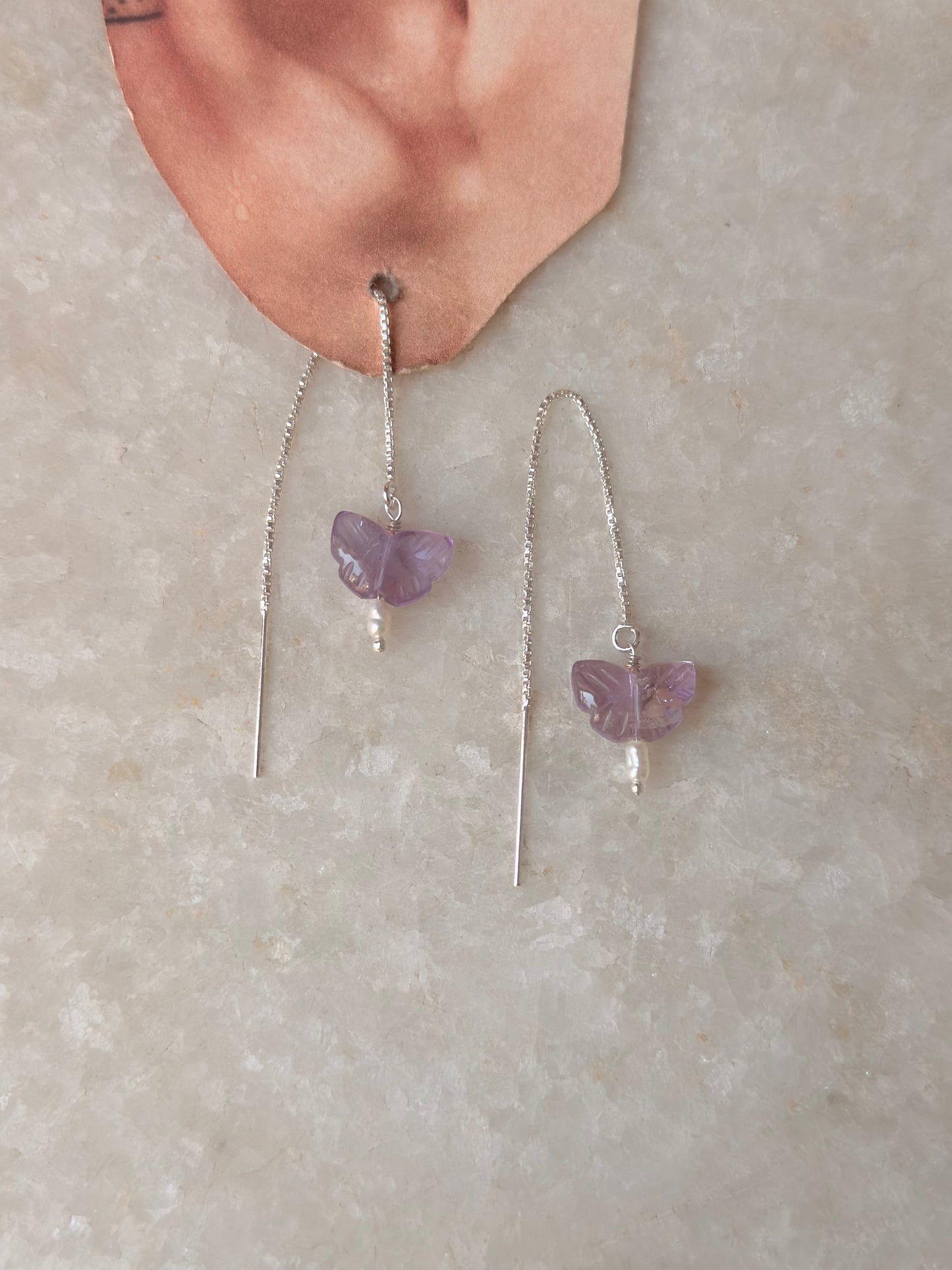 925 Sterling Silver Amethyst Butterfly & Pearl Threader Earrings
