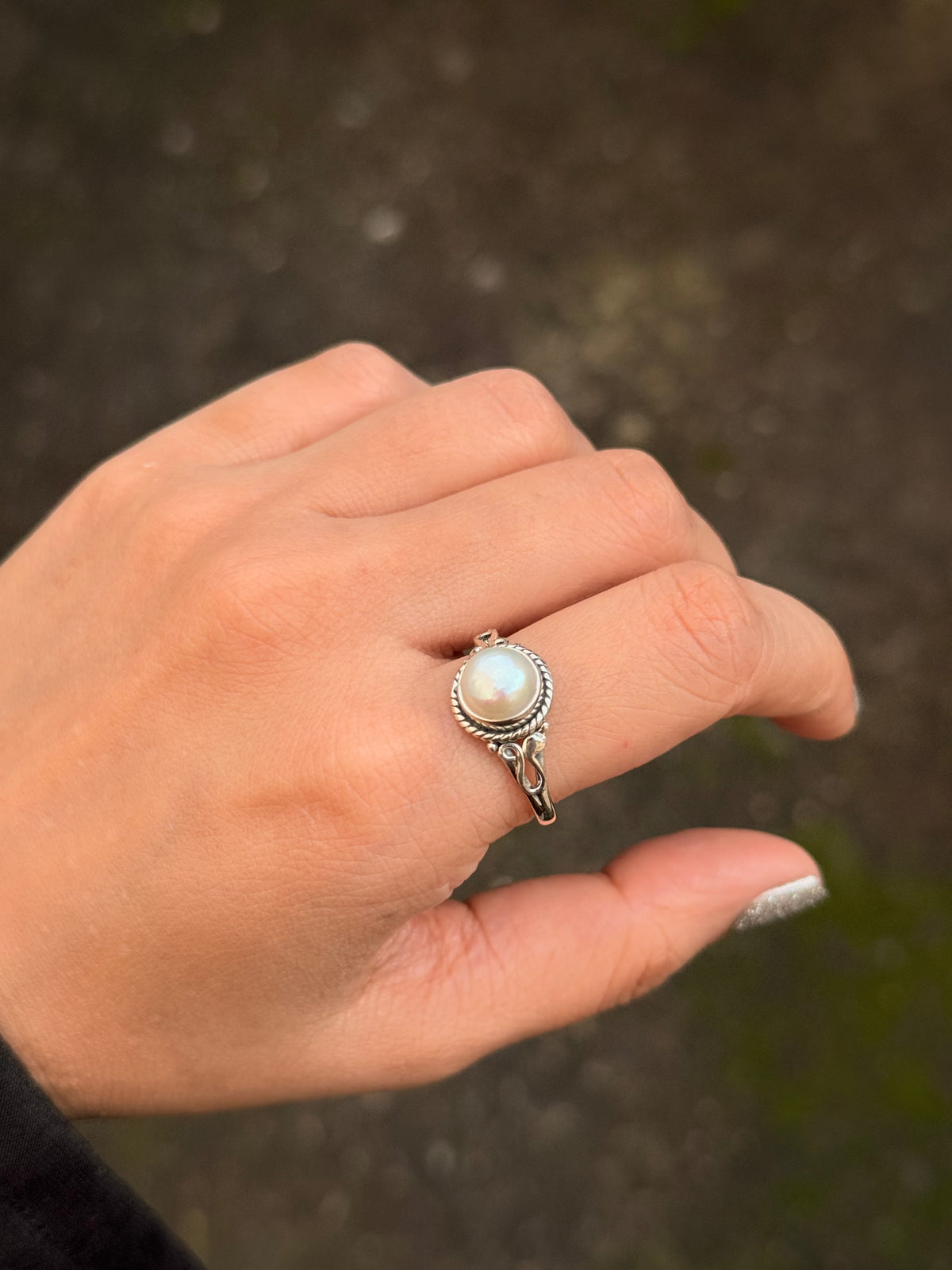 925 Sterling Silver Pearl Round Boho Ring