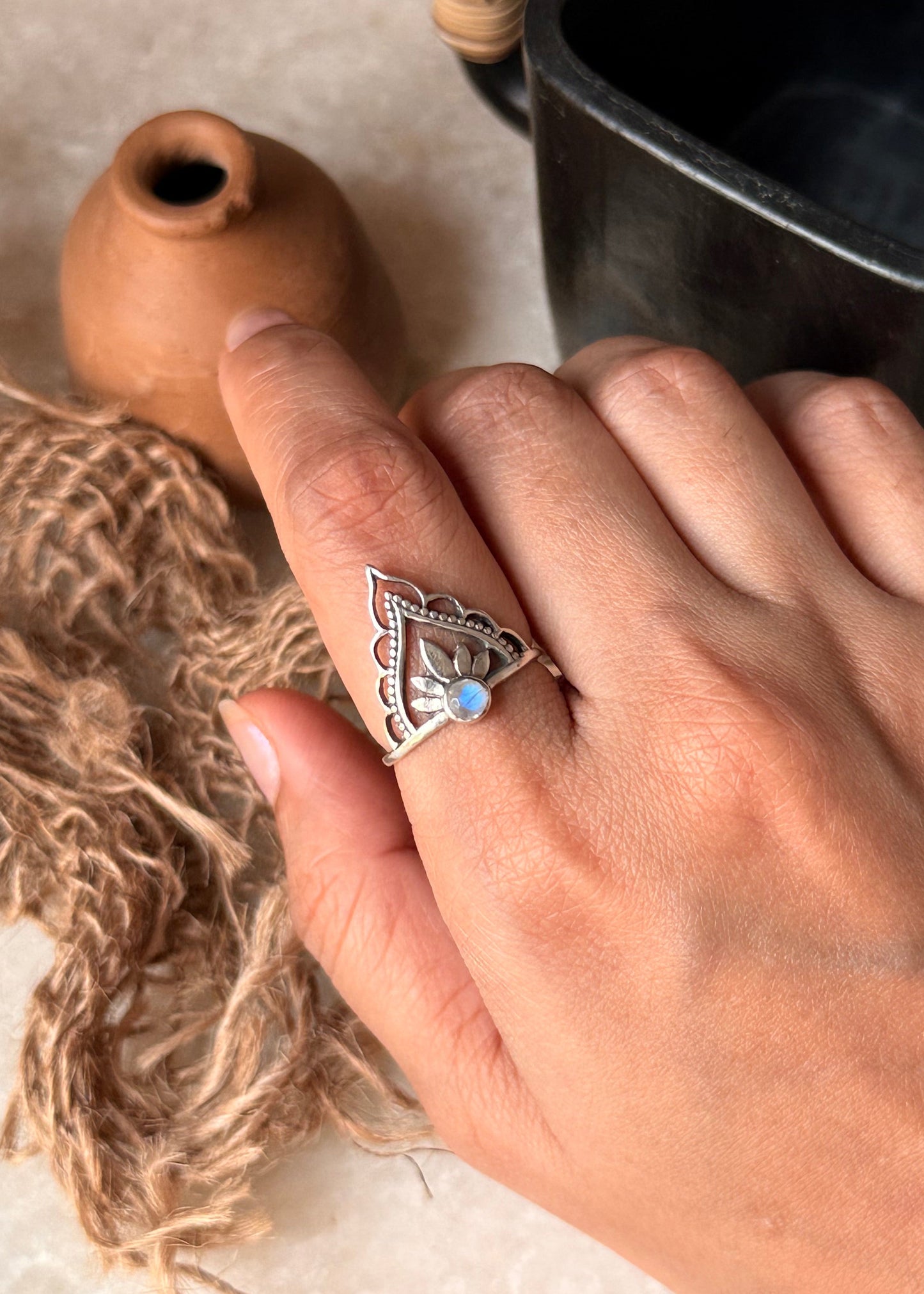925 Sterling Silver Moonstone Crown Boho Ring