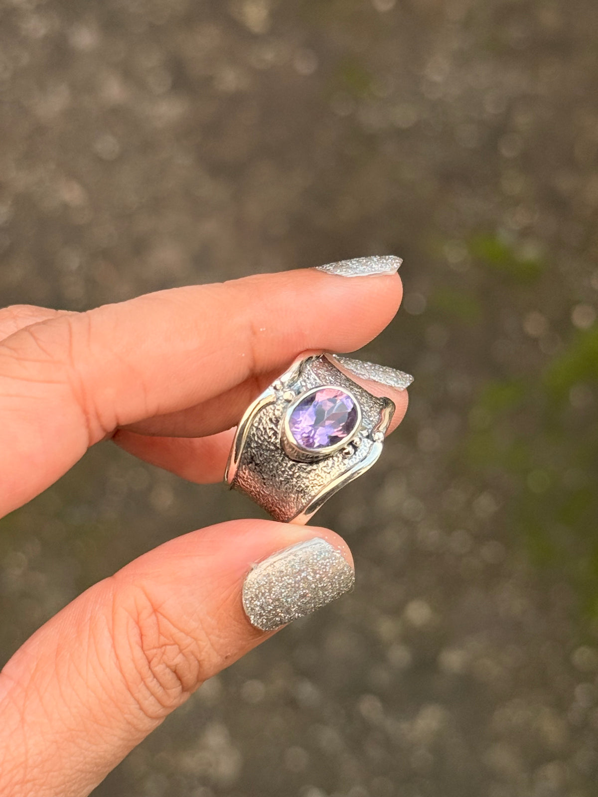925 Sterling Silver Amethyst Textured Rustic Statement Handcrafted Ring