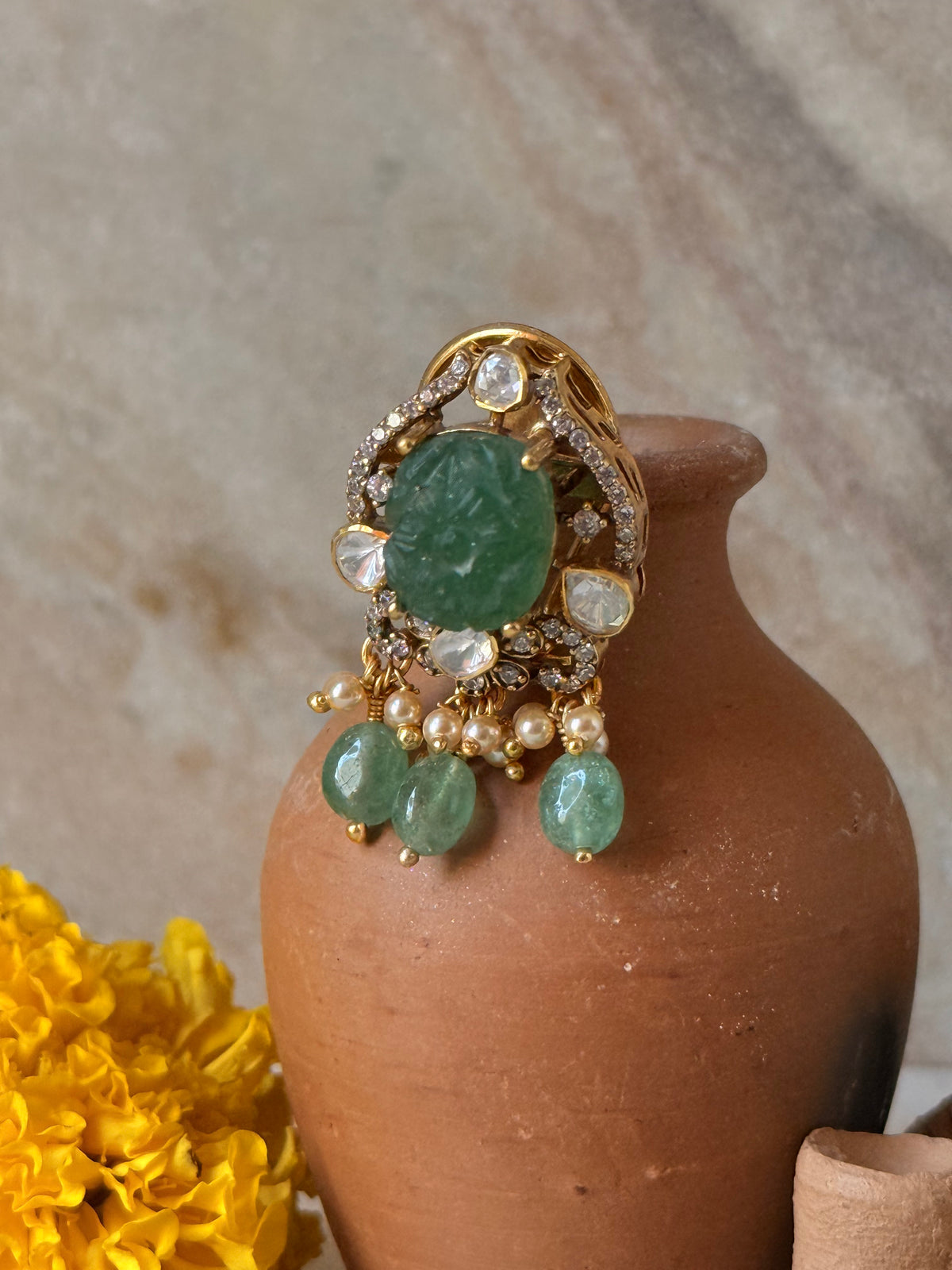 925 Sterling Silver Gold Plated Green Onyx Studs Earrings