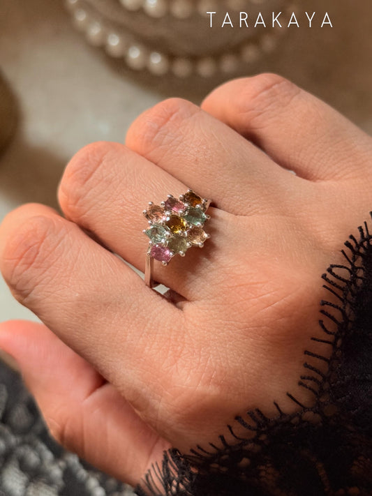 925 Sterling Silver Multi Tourmaline Flower Statement Ring