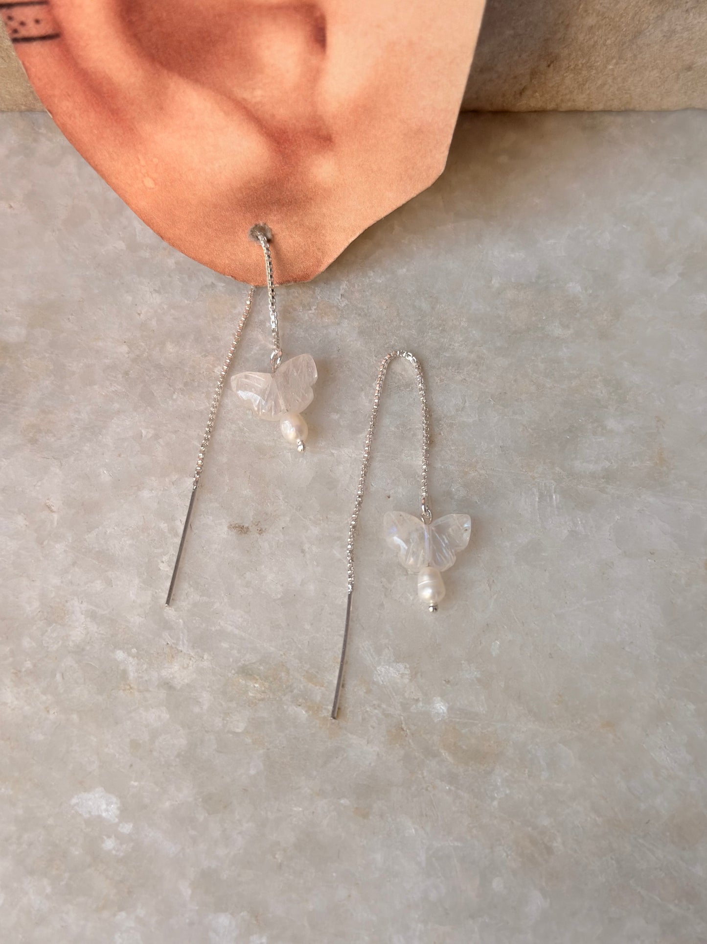 925 Sterling Silver Moonstone Butterfly & Pearls Sui Dhaga Earrings