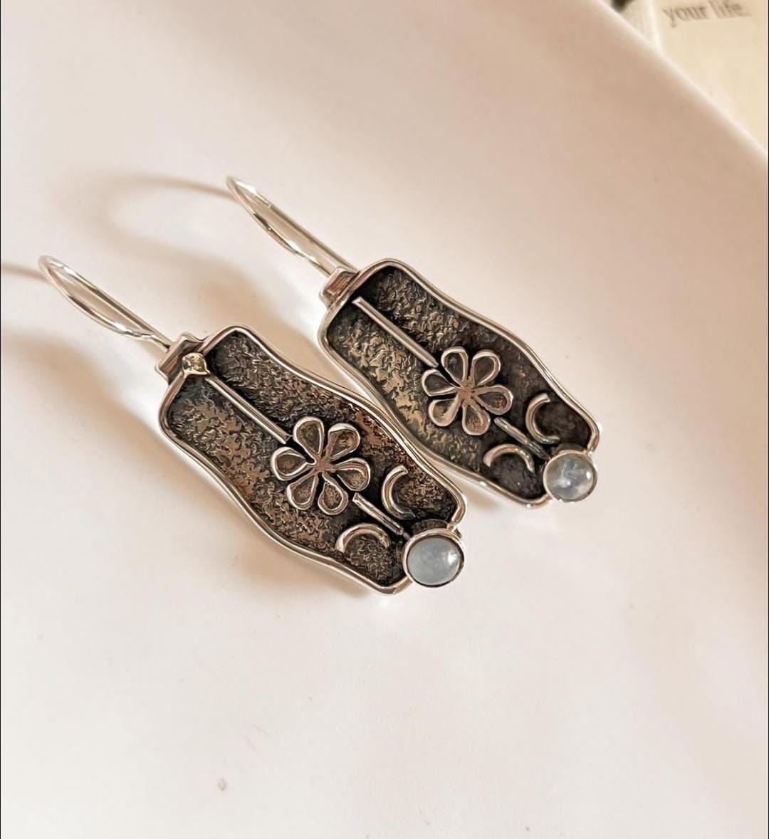 Sterling Silver Hook Earrings with Rustic Flower and Moonstone