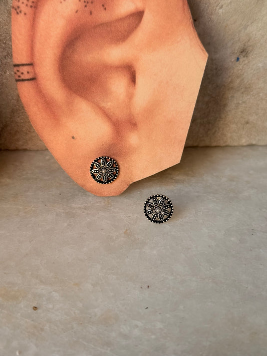 925 sterling silver Antique Plain Oxidised Mandala Boho Studs Earrings