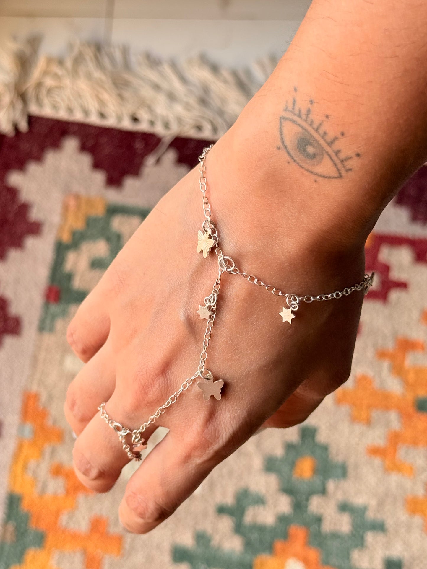 925 Sterling Silver Pretty Butterfly & Star Charms Handcrafted Hand Chain