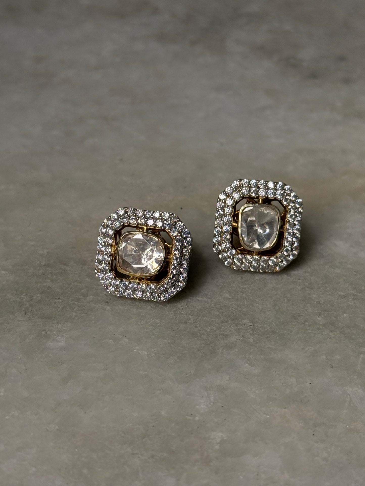 Handcrafted 925 Sterling Silver Gold Plated Antique Moissanite Polki Square Studs Earrings
