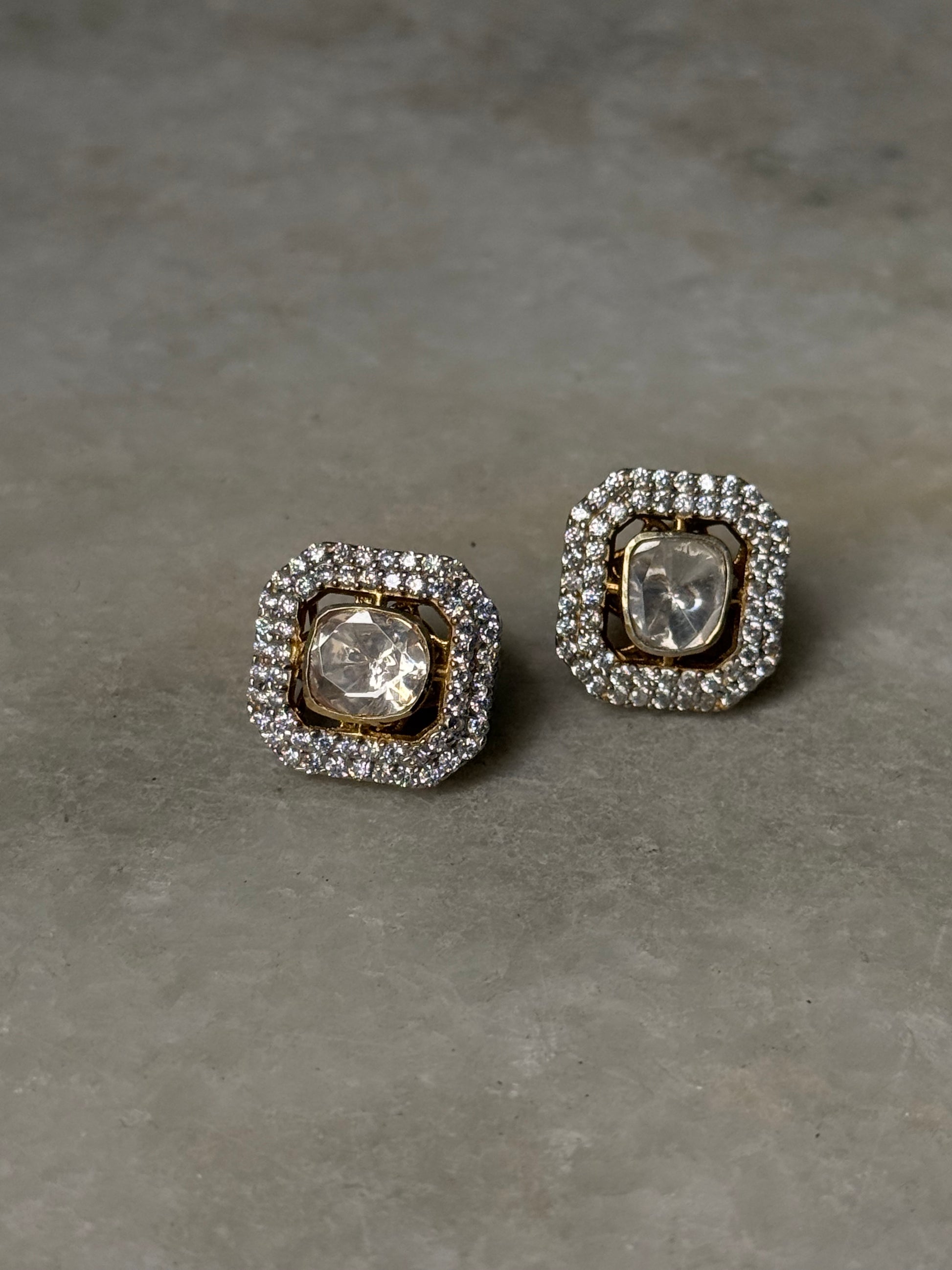 Handcrafted 925 Sterling Silver Gold Plated Antique Moissanite Polki Square Studs Earrings