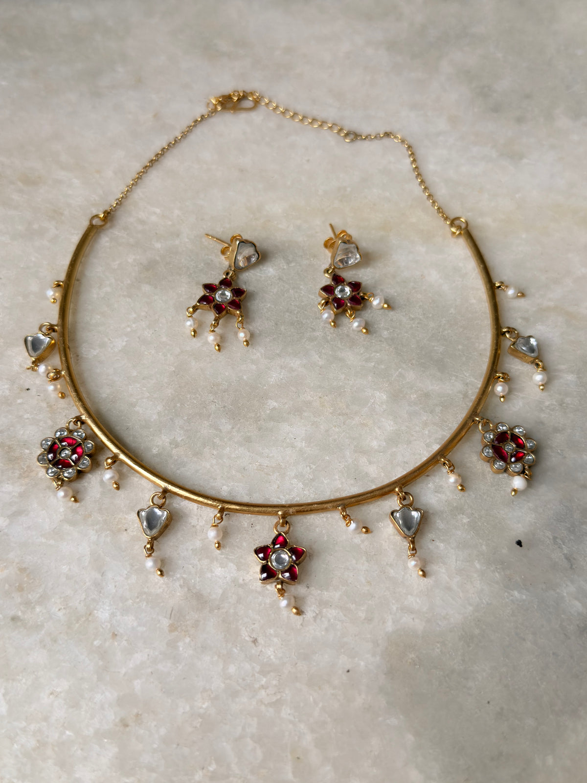 925 Sterling Silver Red Stone , Fresh Water Pearls & Kundan Polki Handcrafted Gold Plated Necklace Set