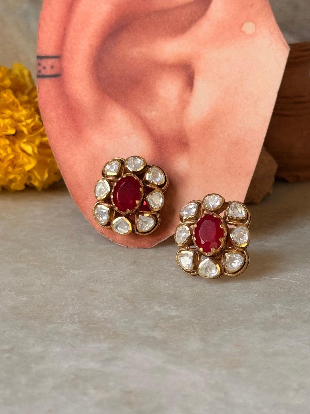 925 Sterling Silver Gold Plated Moissanite Polki Dyed Ruby Studs Earrings