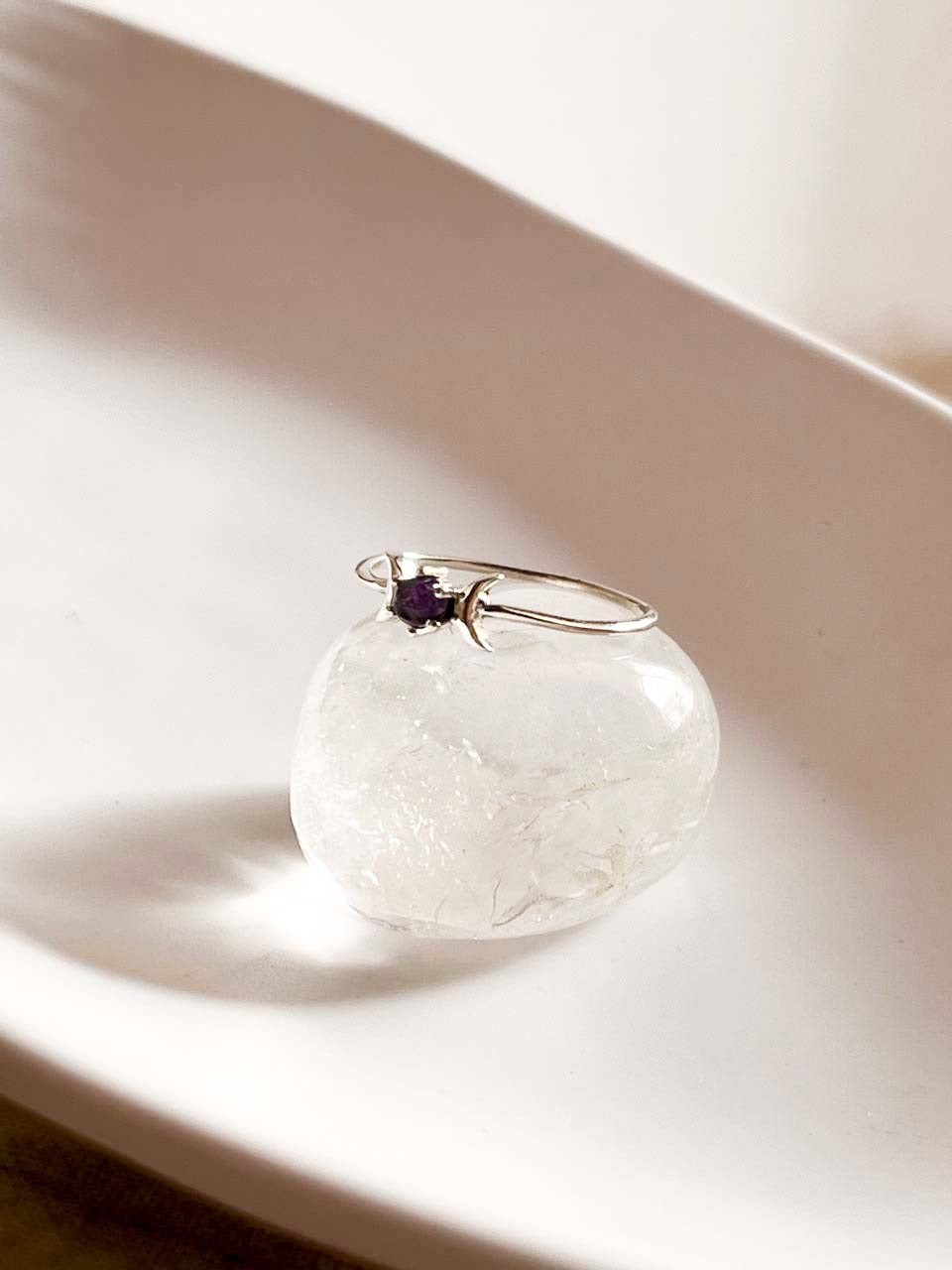 Silver Ring with Crescent and Full Moon Phases and Amethyst