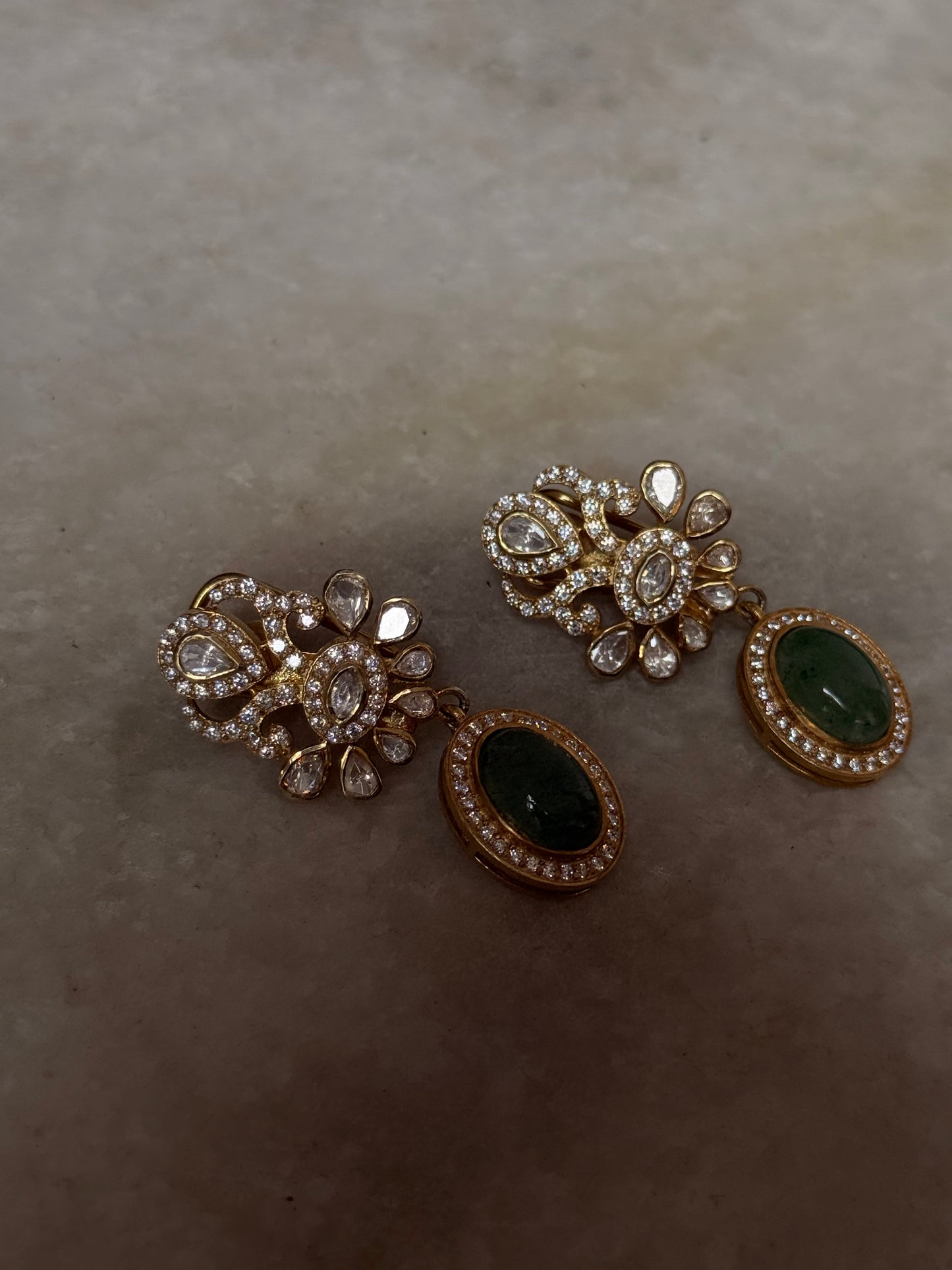 925 Sterling Silver Gold Plated Antique Moissanite Polki ,Green Onyx Oval Drop Earrings
