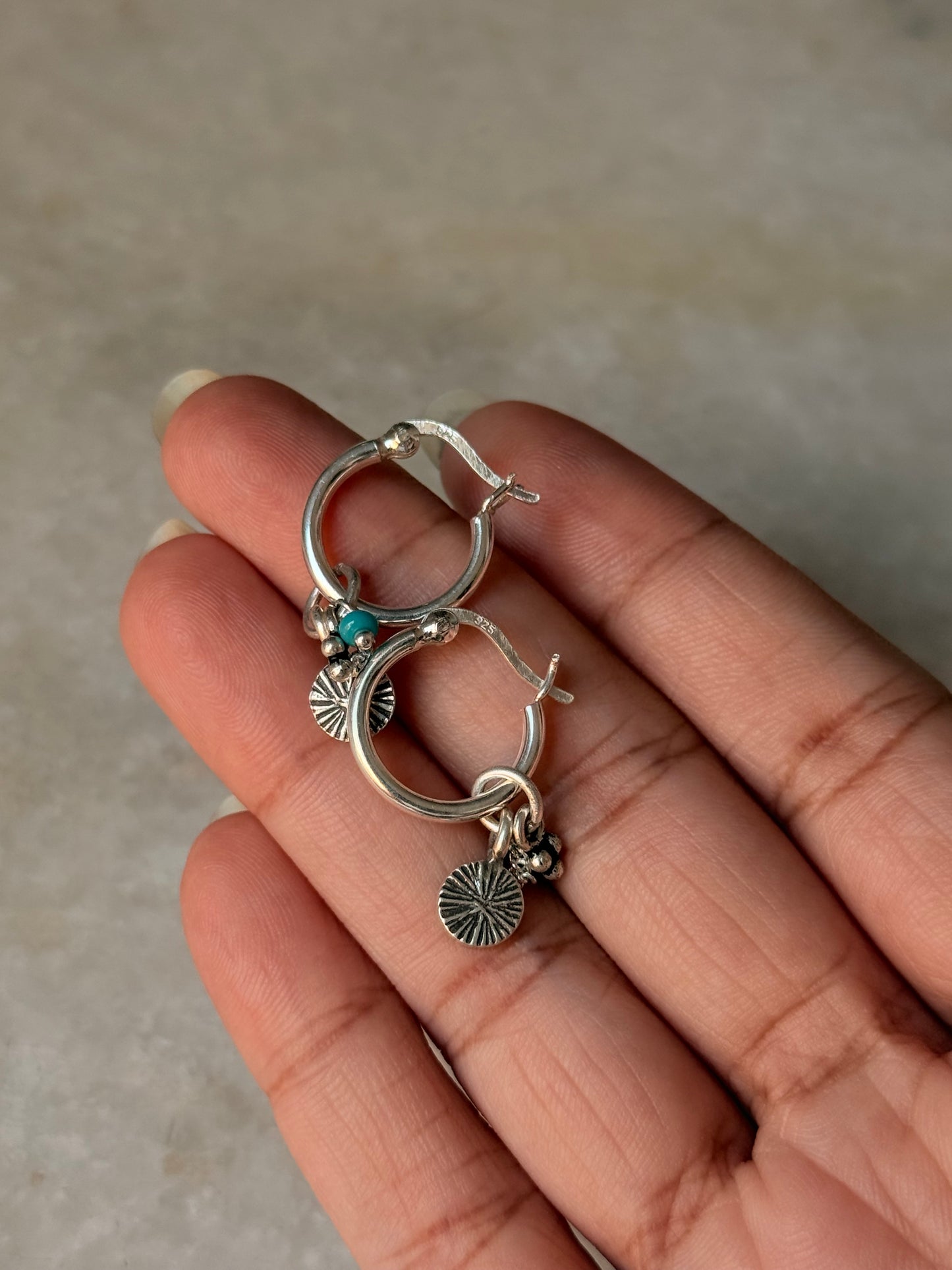 925 Sterling Silver Hill Tribe Handcrafted Coin Charm ,Rawa Tribal Charm & Blue Beads With Chain ~Removal Italian Hoops