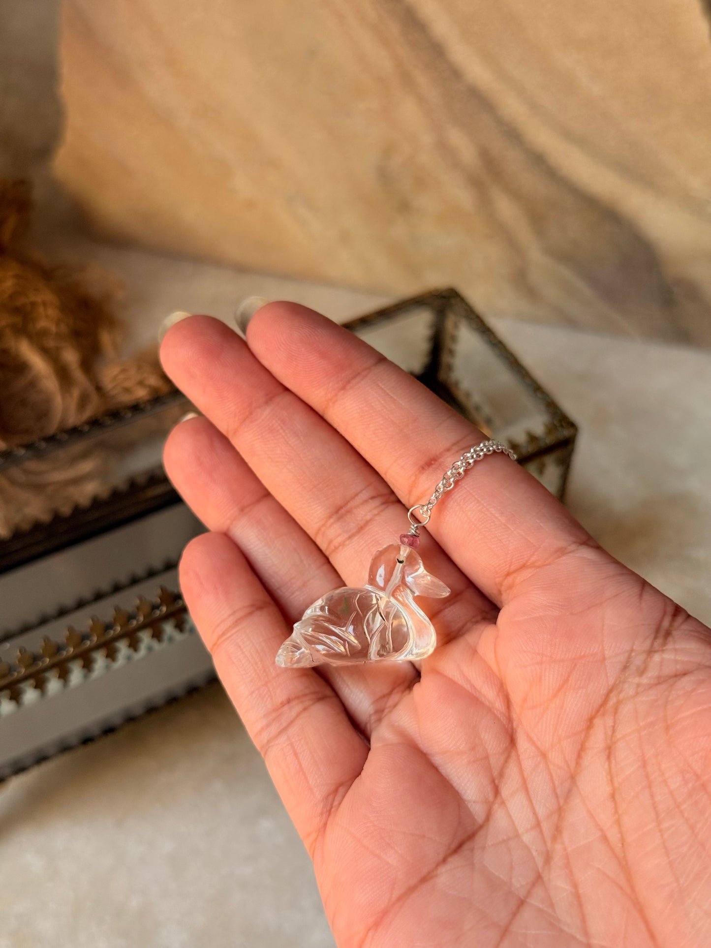 925 Sterling Silver Clear Quartz Duck Carved Pink Tourmaline Crystal Handcrafted Necklace