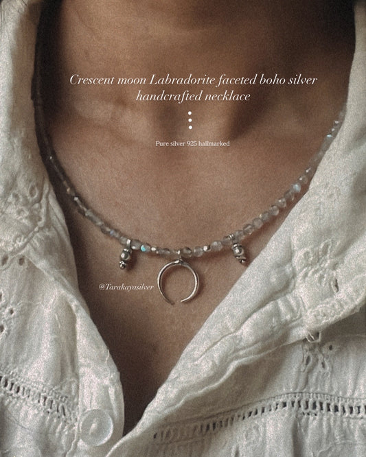Labradorite 3-4mm Faceted Natural Crystal with Crescent Moon 925 Sterling Silver Boho Necklace