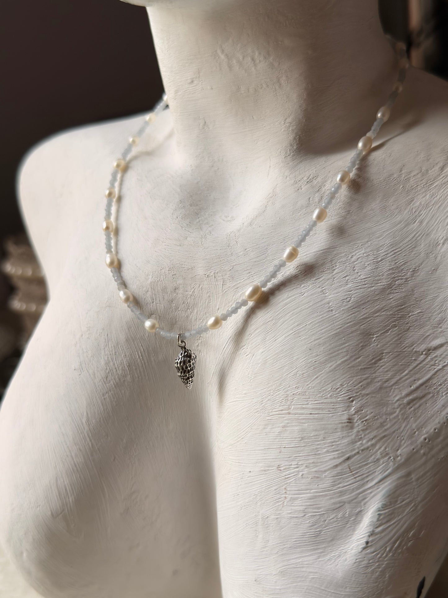 Natural Aquamarine, Fresh Water Pearls & Shell Charm 925 Sterling Silver Necklace