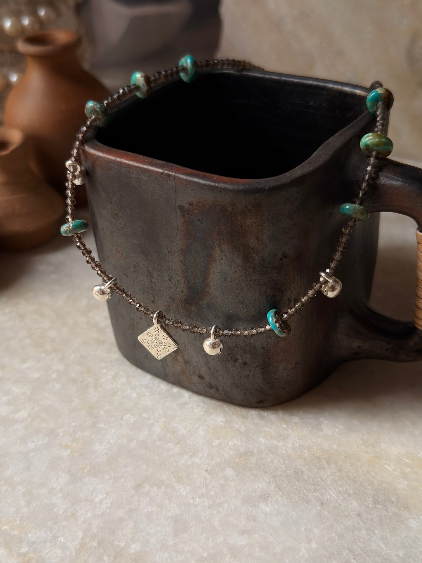 Smokey Quartz, Kingsman Turquoise & Tribal Engraved Charm - Ghungroo Charms  925 Sterling Silver Handcrafted Necklace