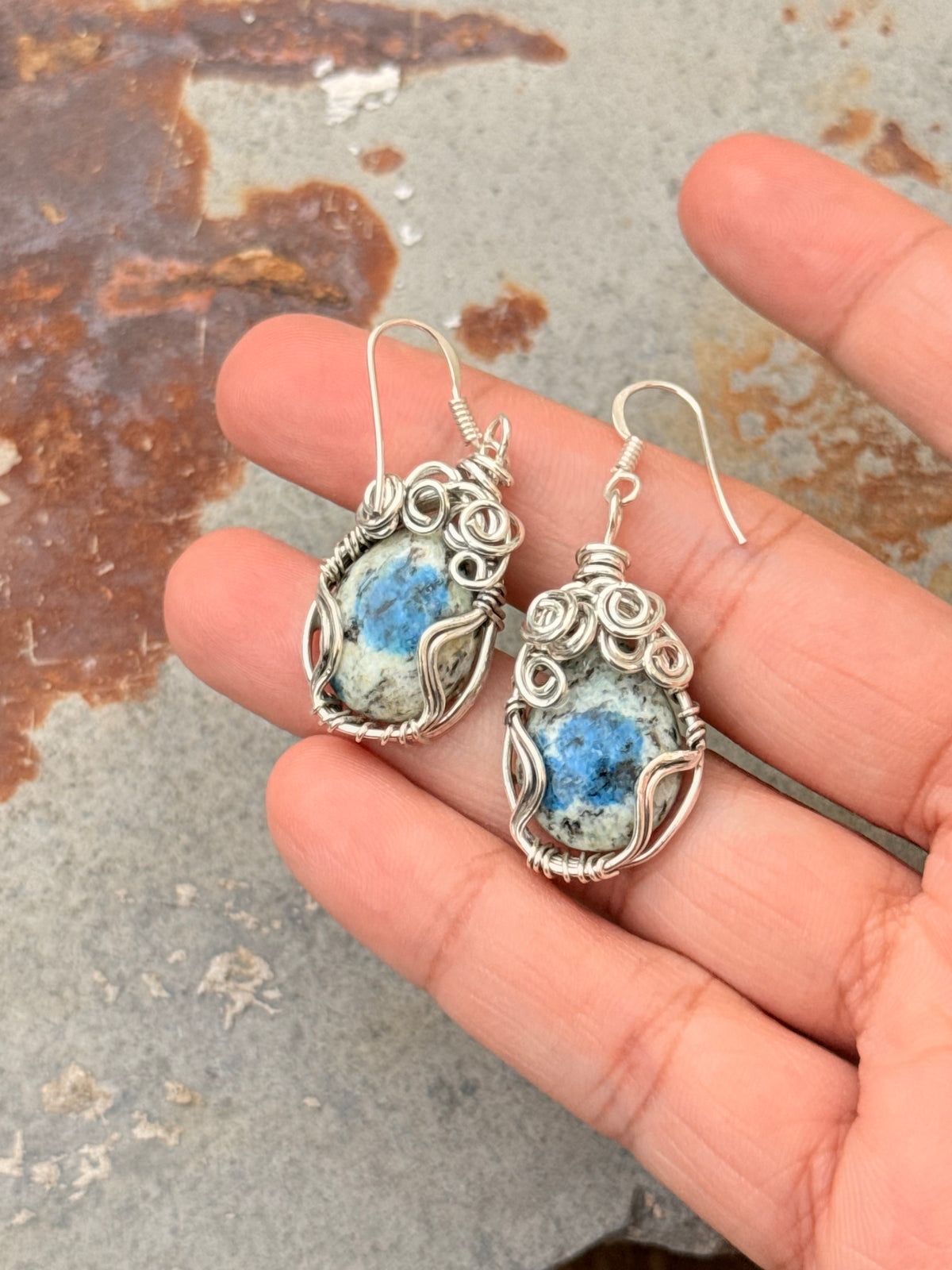 925 Sterling Silver Jasper Hook Wire Wrap Handcrafted Spiral Earrings