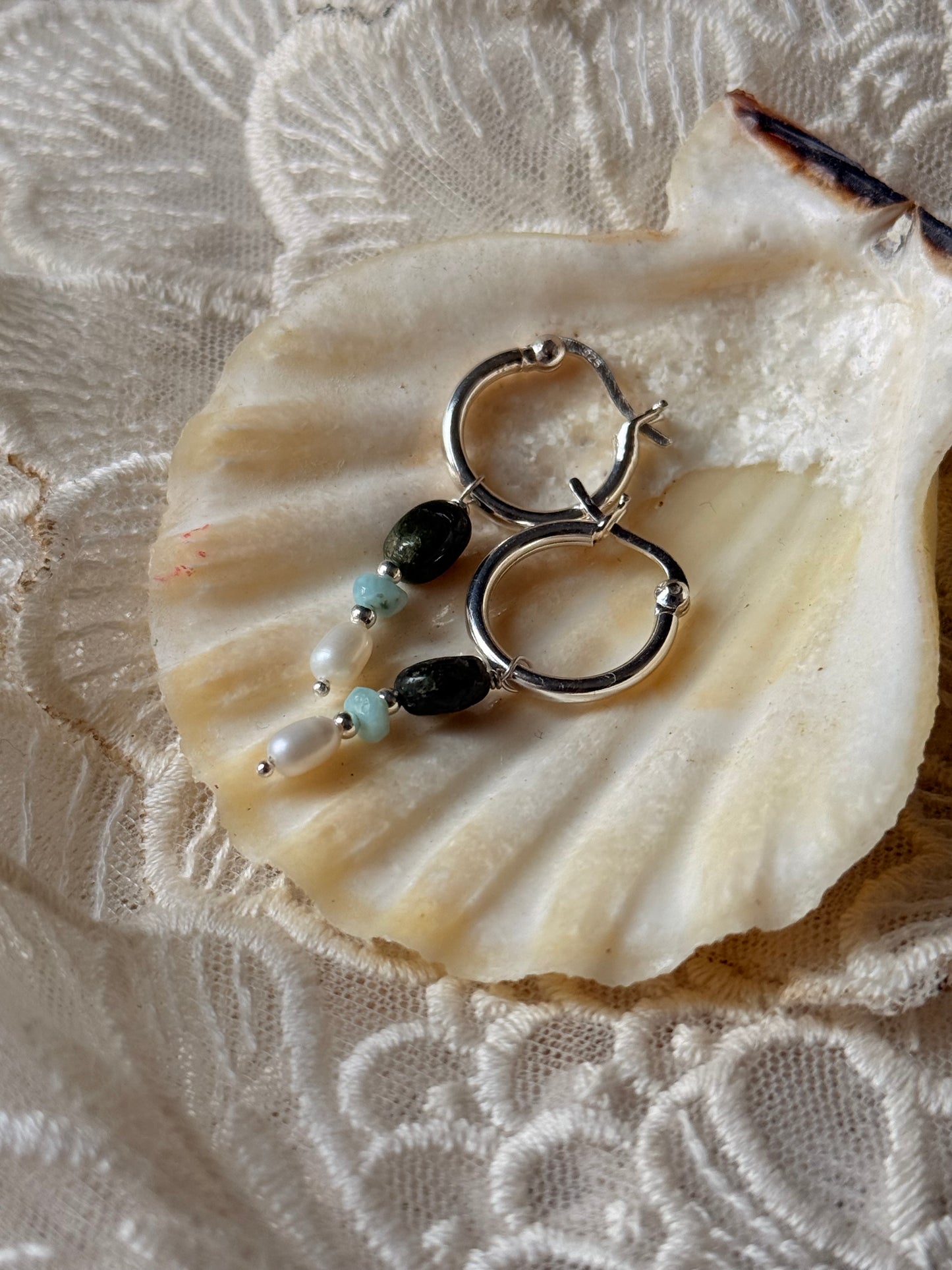 925 Sterling Silver Green Tourmaline Larimar Fresh Water Pearls Hangings Hoops Earrings