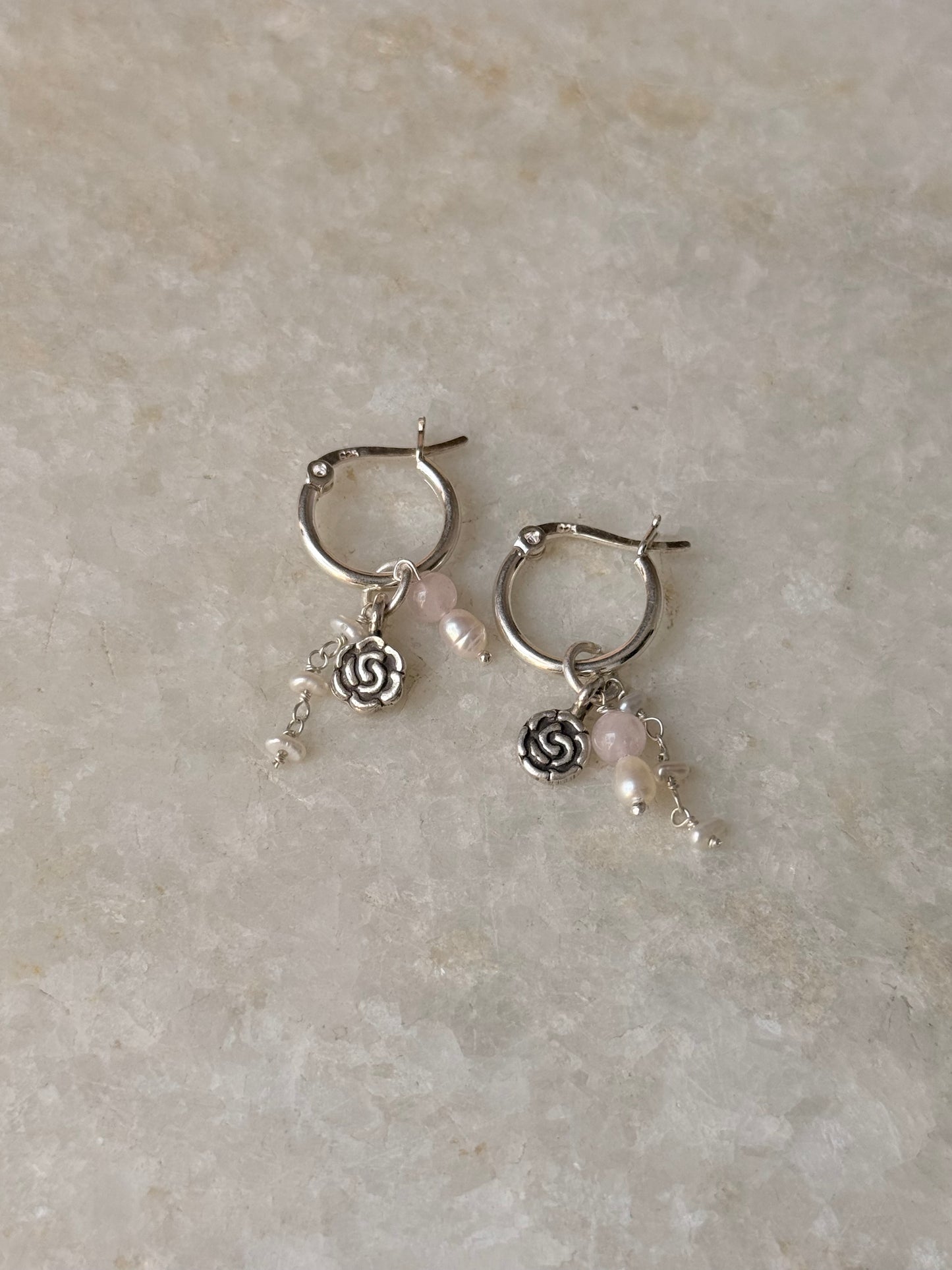 925 Sterling Silver Rose Quartz, Rose Beads & Pearl Italian Hoops