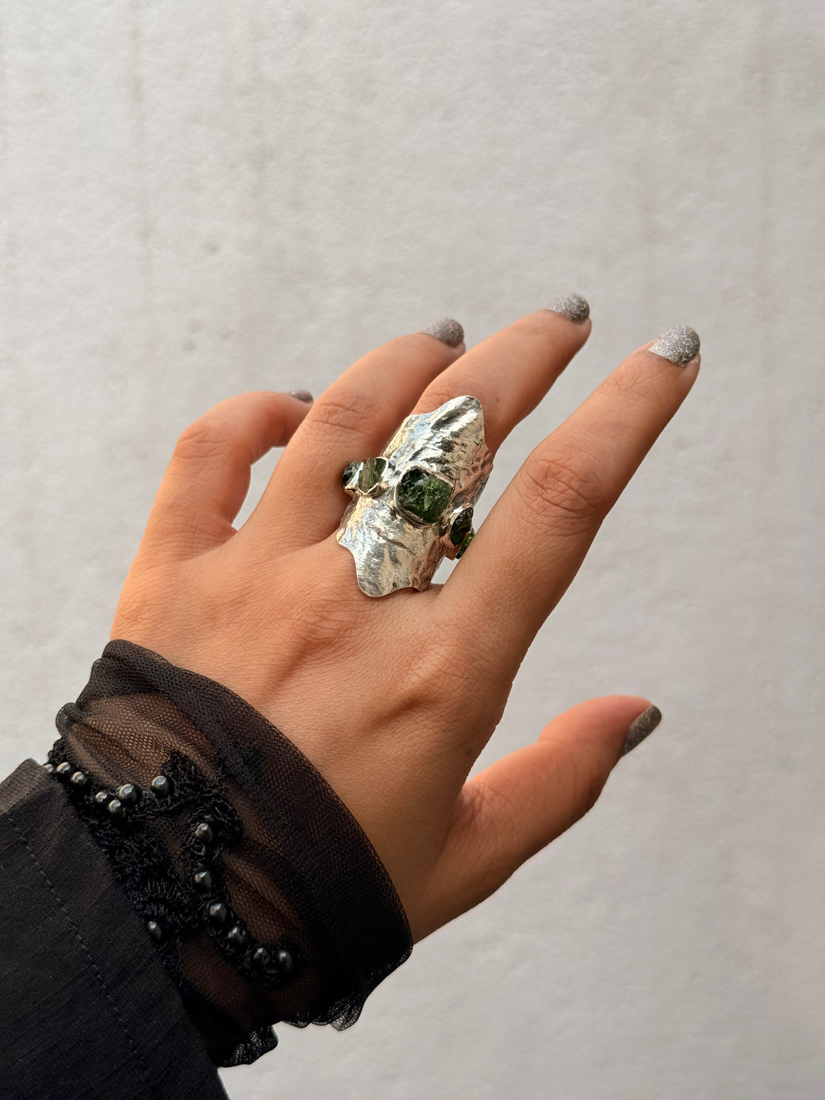 925 Sterling Silver Green Tourmaline Raw Uncut Molten Textured Statement Handcrafted Ring