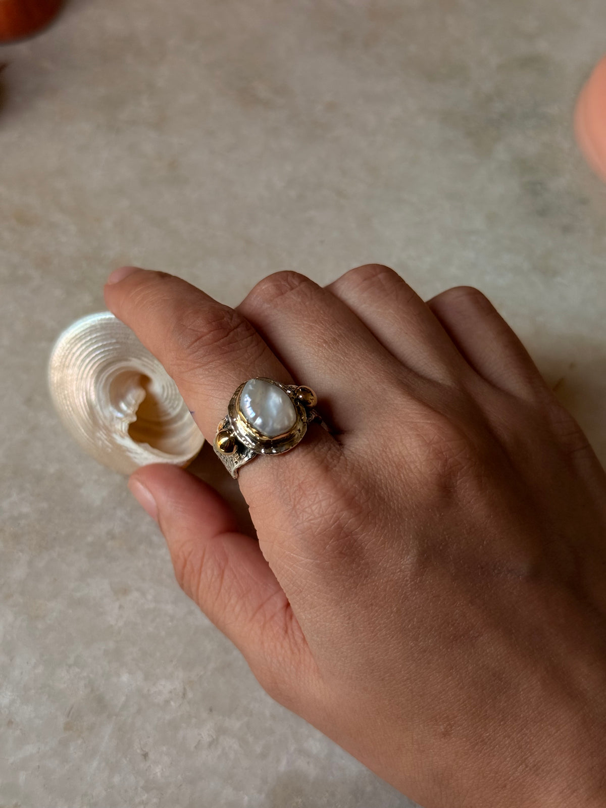 925 Sterling Silver Baroque Pearl Rustic Fusion Handcrafted Ring