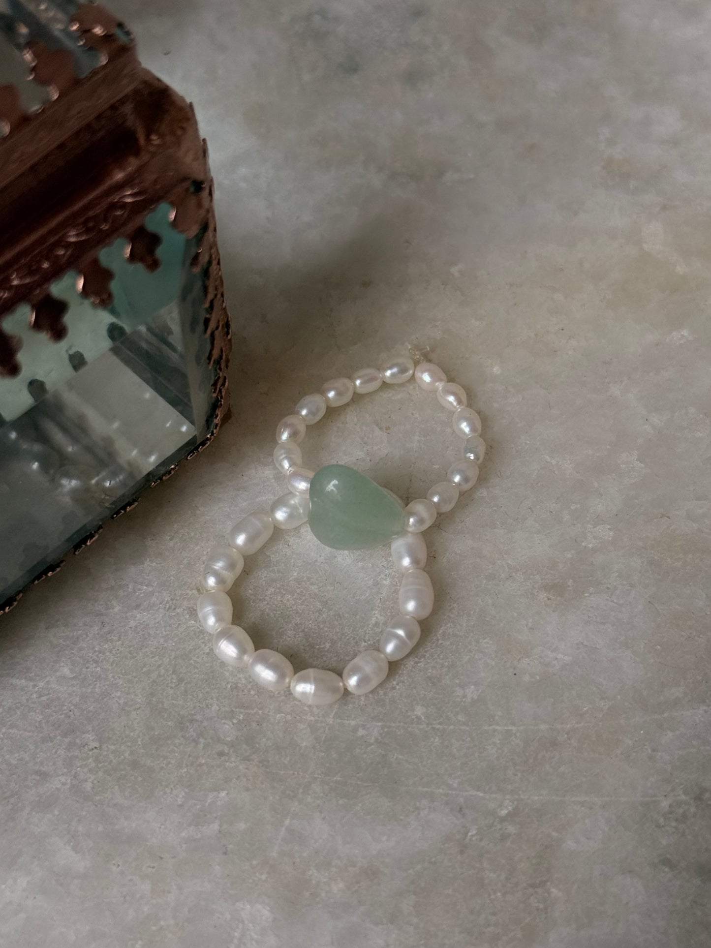 Natural Crystal Stretchy Fresh Water Pearl & Green Aventurine Heart Rings