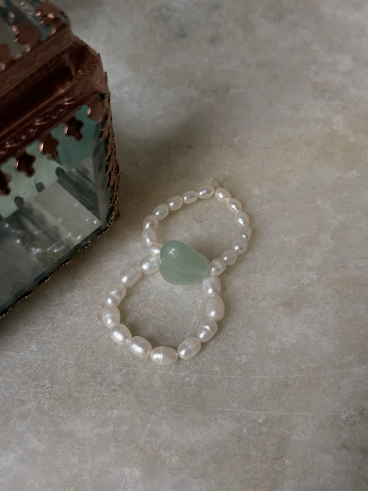 Natural Crystal Stretchy Fresh Water Pearl & Green Aventurine Heart Rings