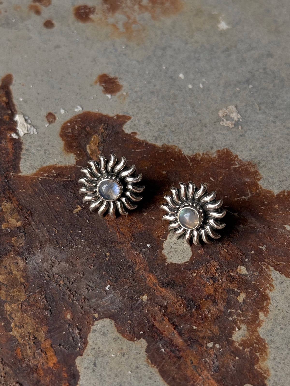 925 Sterling Silver Moonstone Big Sun Stud Earrings
