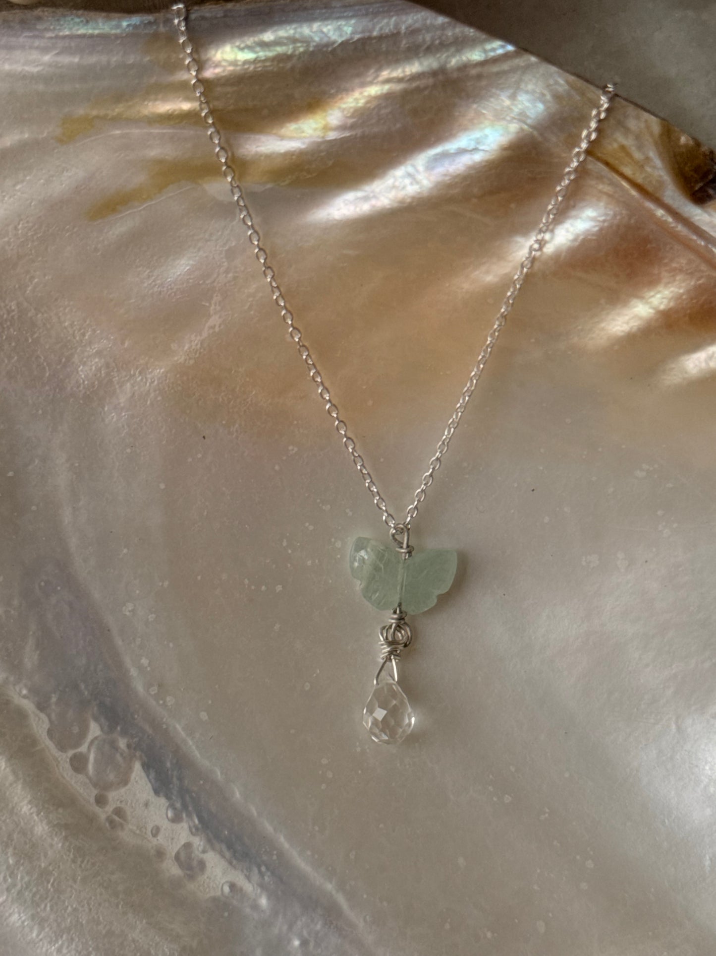 925 Sterling Silver Aquamarine Butterfly, Clear Quartz Drop Handcrafted Necklace
