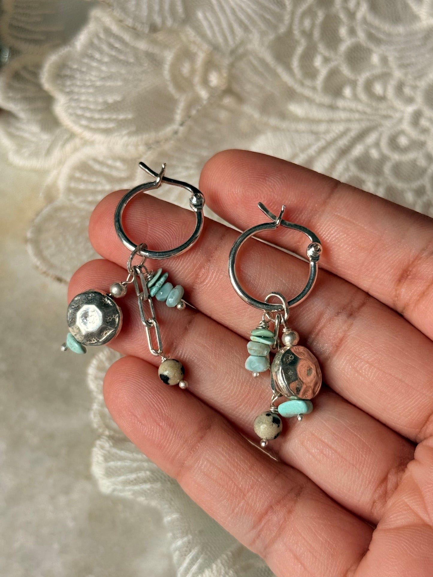 925 Sterling Silver Larimar , Turquoise , Dalmatian Jasper With Paper Clip Chain, Handcrafted Rustic Hoops Earrings