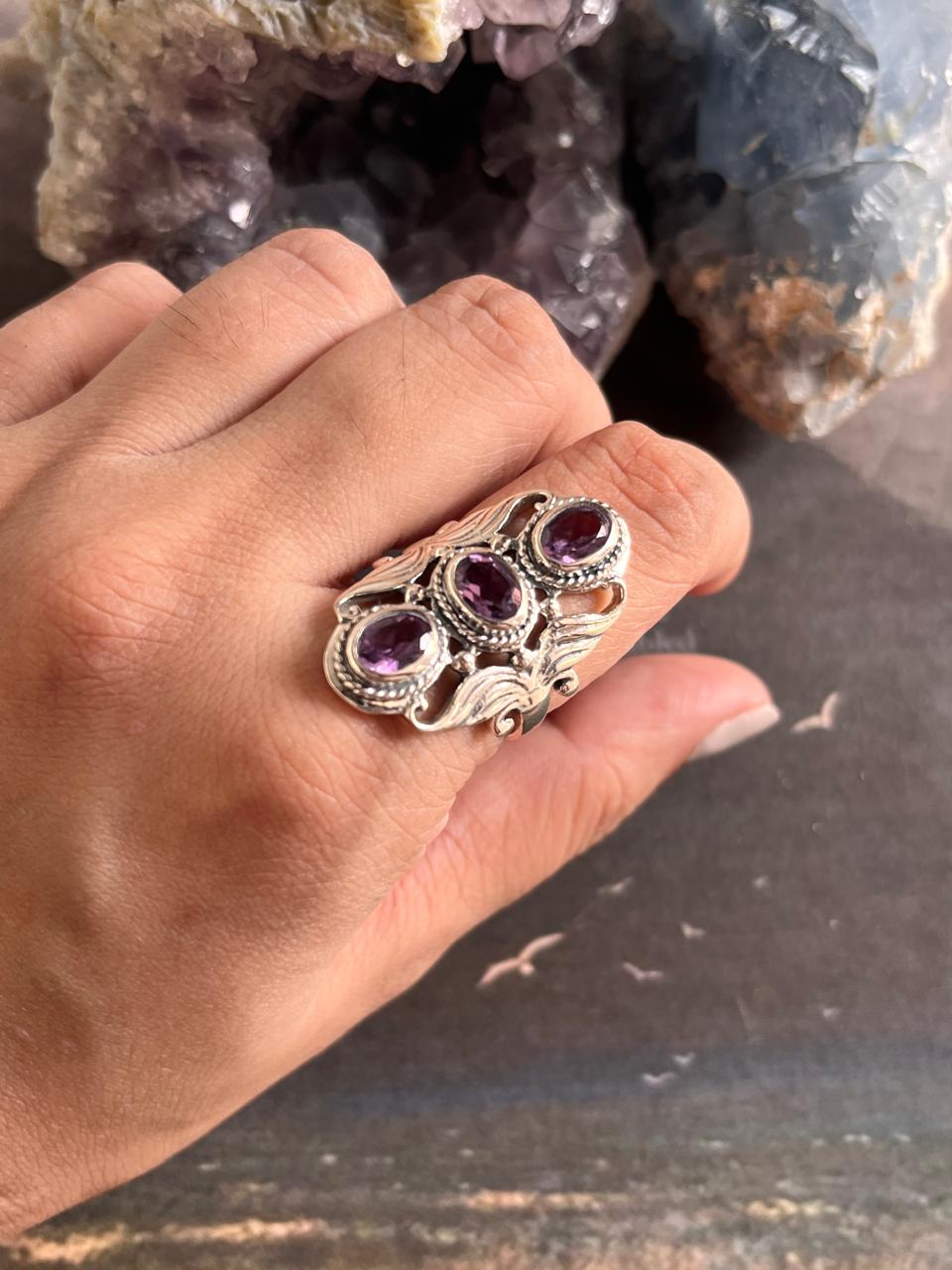 3 Stone Amethyst Ring with Silver Band 