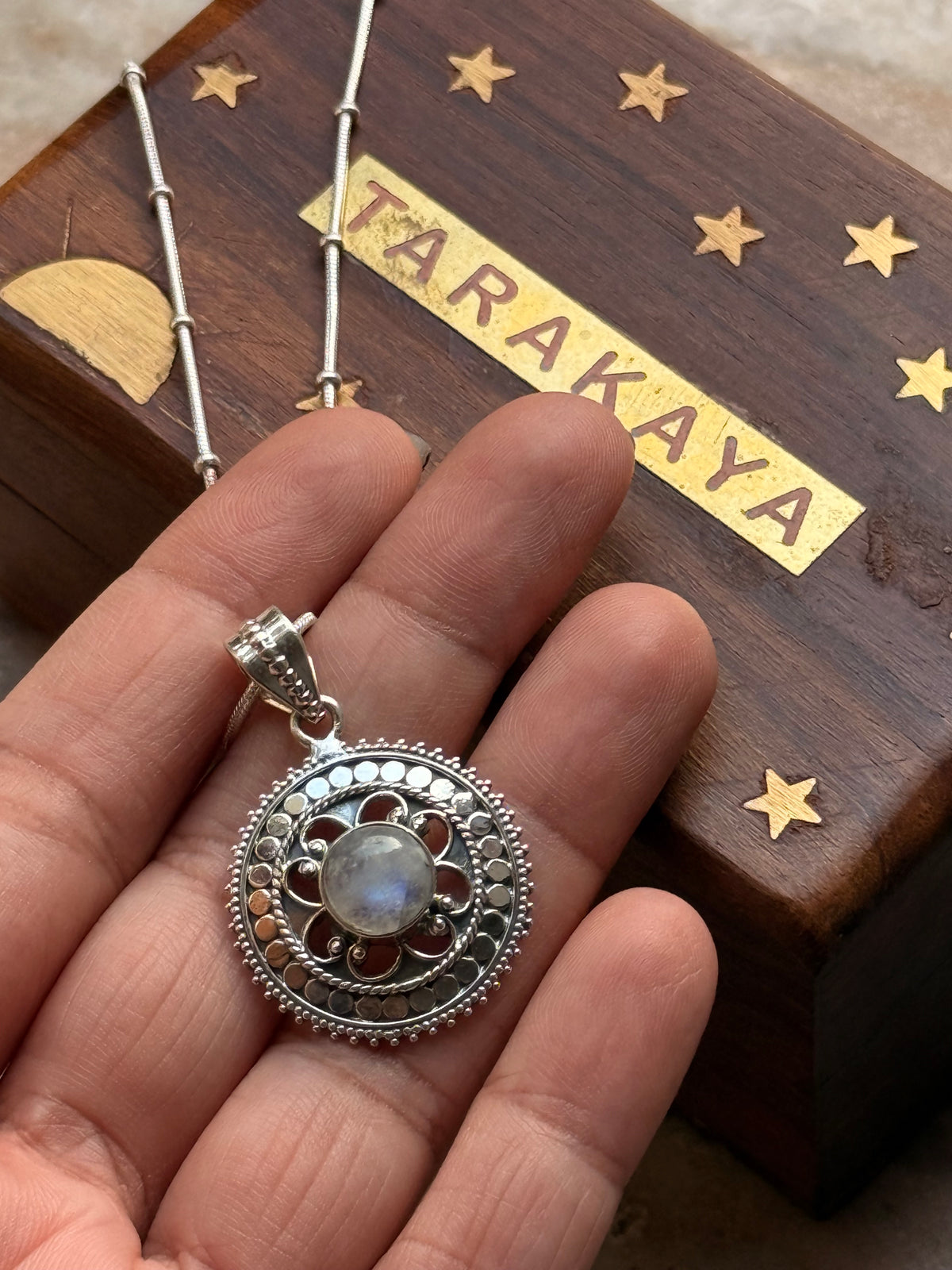 925 Sterling Silver Moonstone Round Boho Handcrafted One of a Kind Pendant