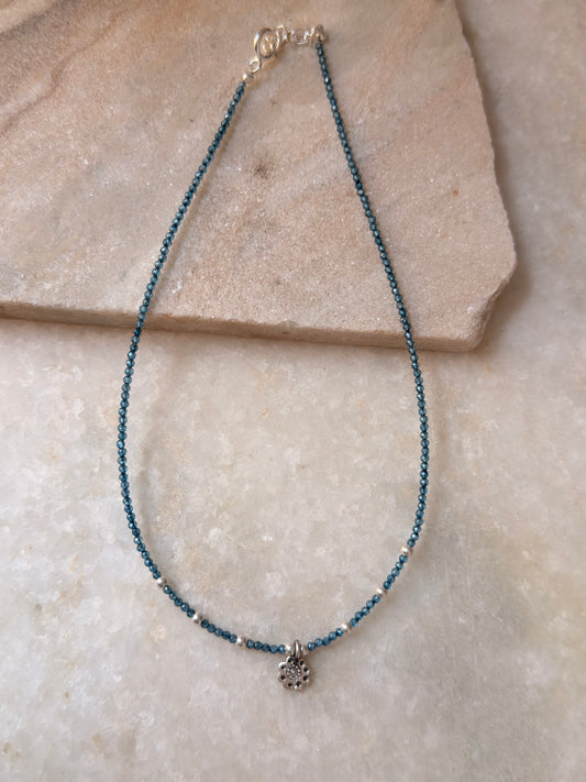 London Blue Topaz with Flower Charm 925 Sterling Silver Necklace