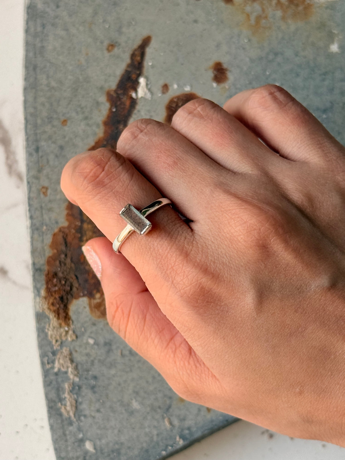 925 Sterling Silver Labradorite Baguette Cut Ring