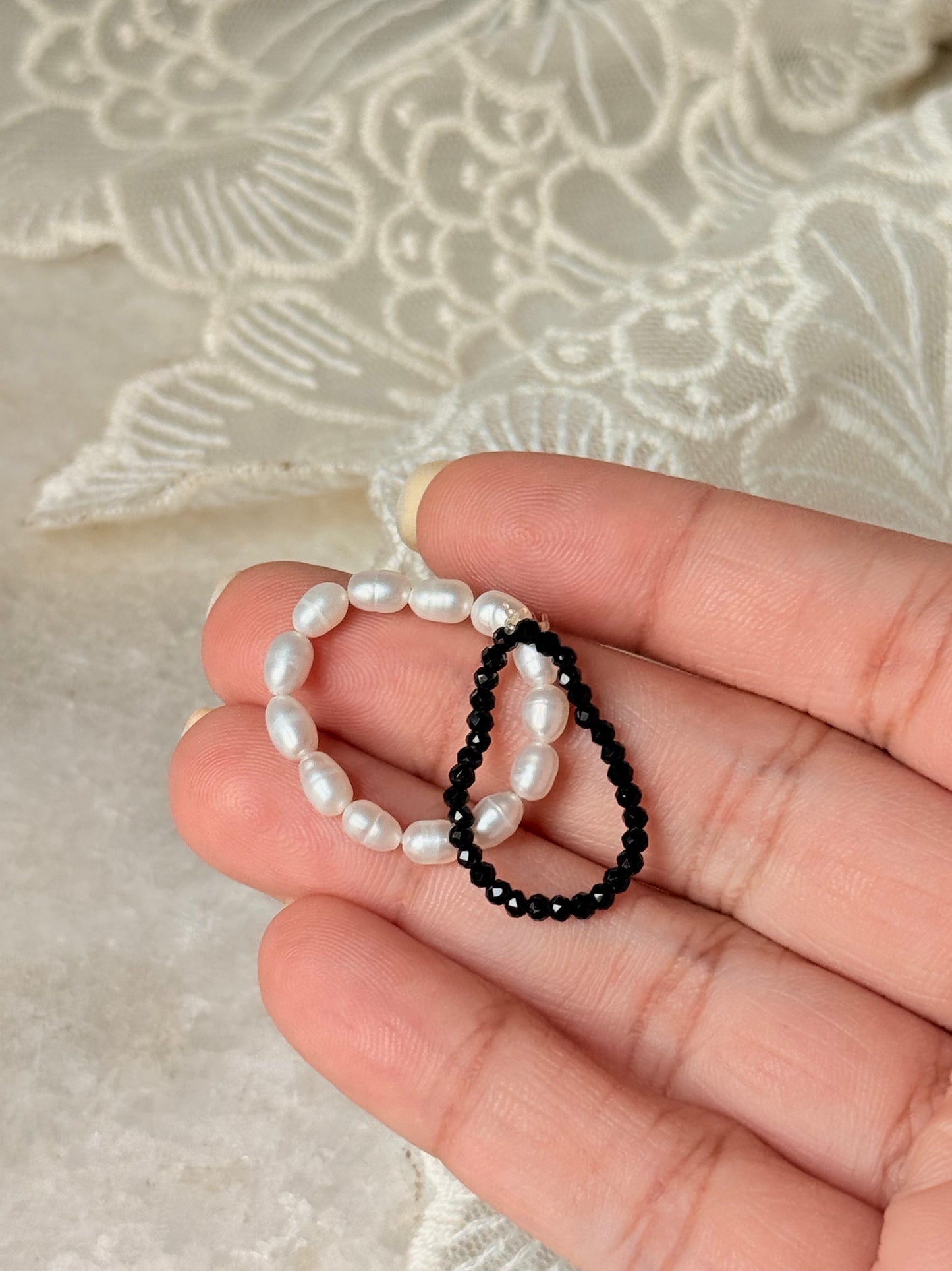 Natural Crystal Stretchy Fresh Water Pearl & Black Spinel Rings