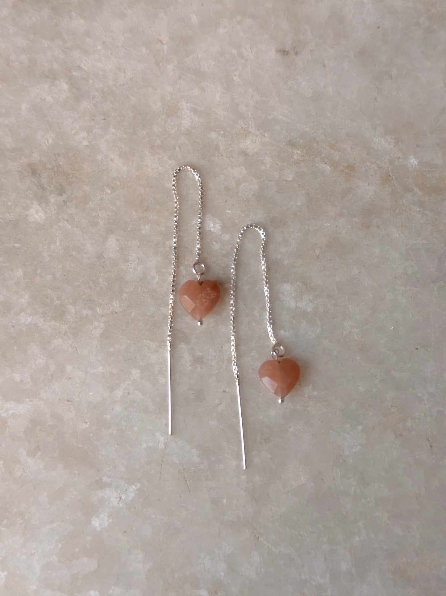 925 Sterling Silver Peach Moonstone Heart Threader/Sui Dhaga Earrings