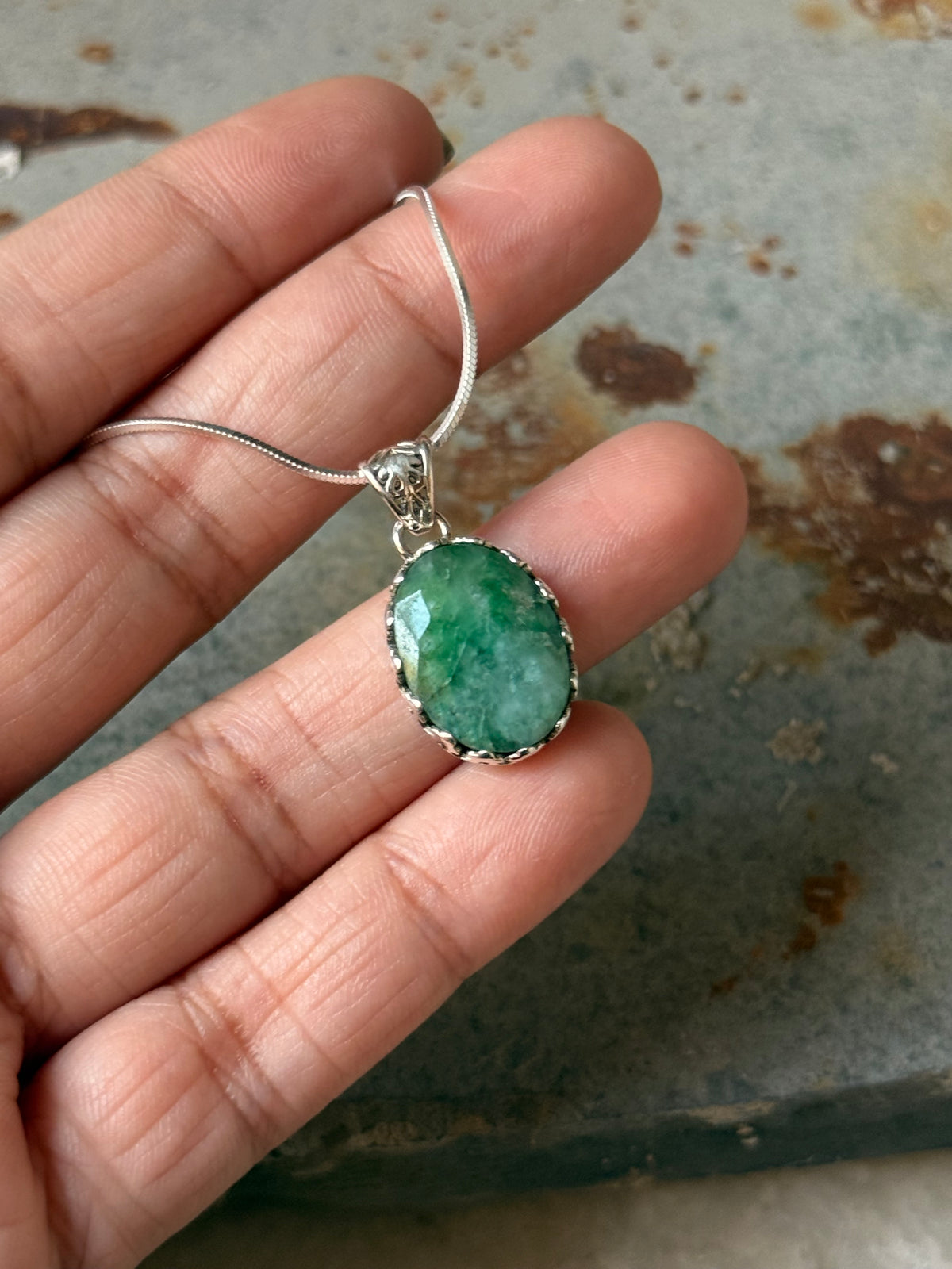925 Sterling Silver Green Aventurine Faceted Oval Boho Handcrafted One of a Kind Pendant