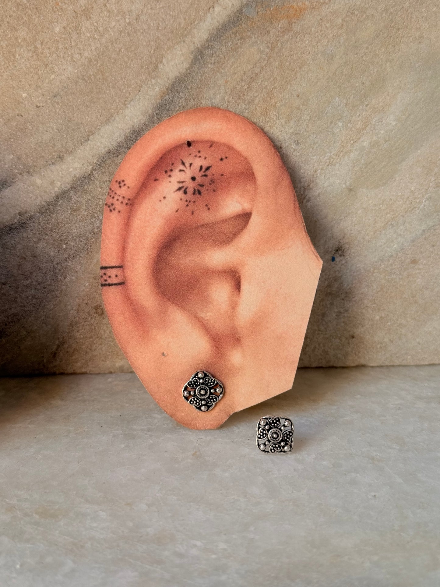 925 Sterling Silver Antique Plain Oxidised Boho Studs Earrings