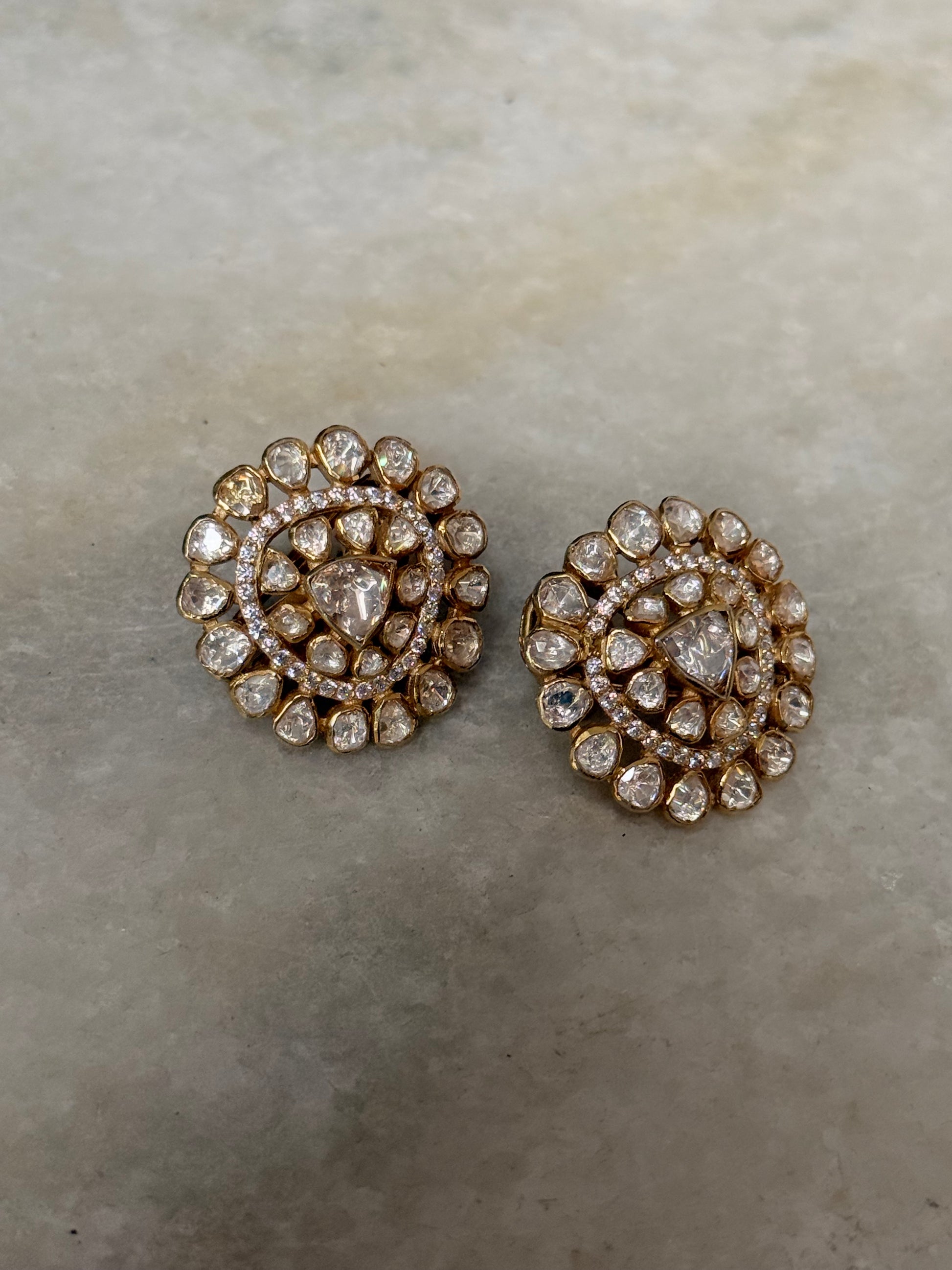 925 Sterling Silver Gold Plated Antique Moissanite Polki Earrings featuring a round stud design.