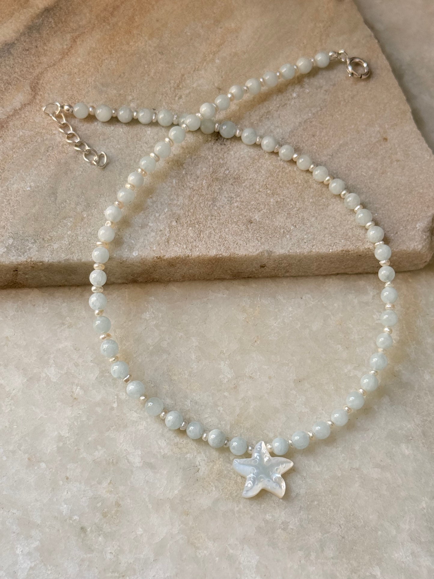 Natural Aquamarine, Shiny Pearls & Mother of Pearl Starfish 925 Sterling Silver Necklace