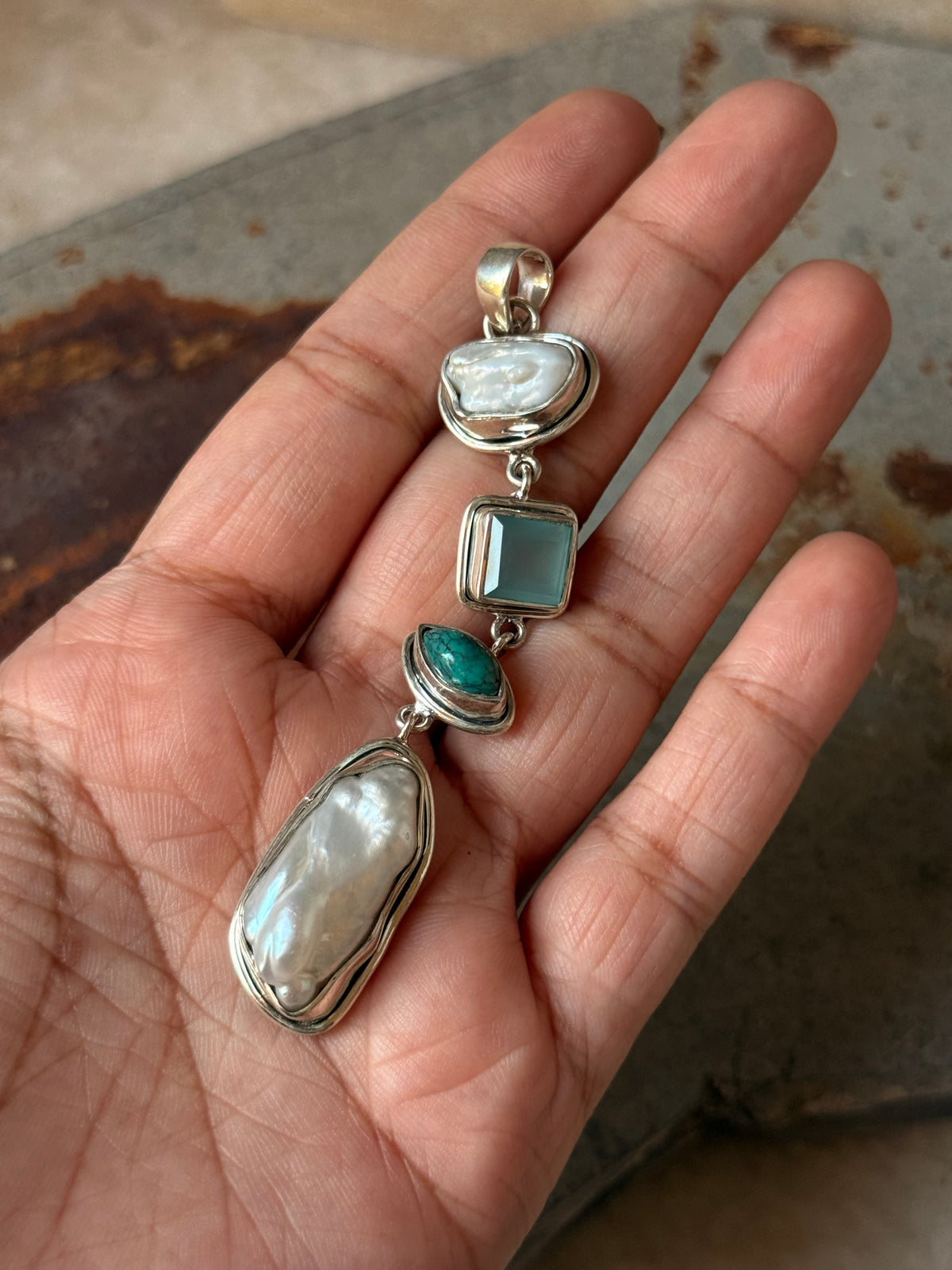 925 Sterling Silver Baroque Pearls, Aqua Chalcedony, Faux Turquoise Statement Handcrafted One of a Kind Pendant