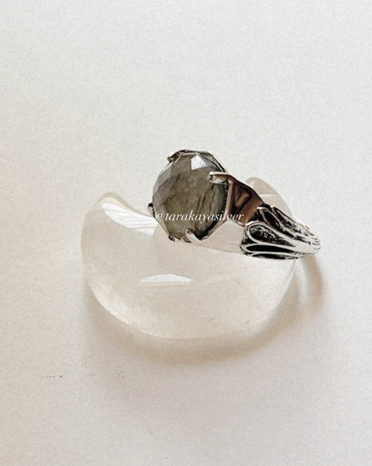 Labradorite Vintage Goth Style Checker Board Cut 925 Sterling Silver Ring