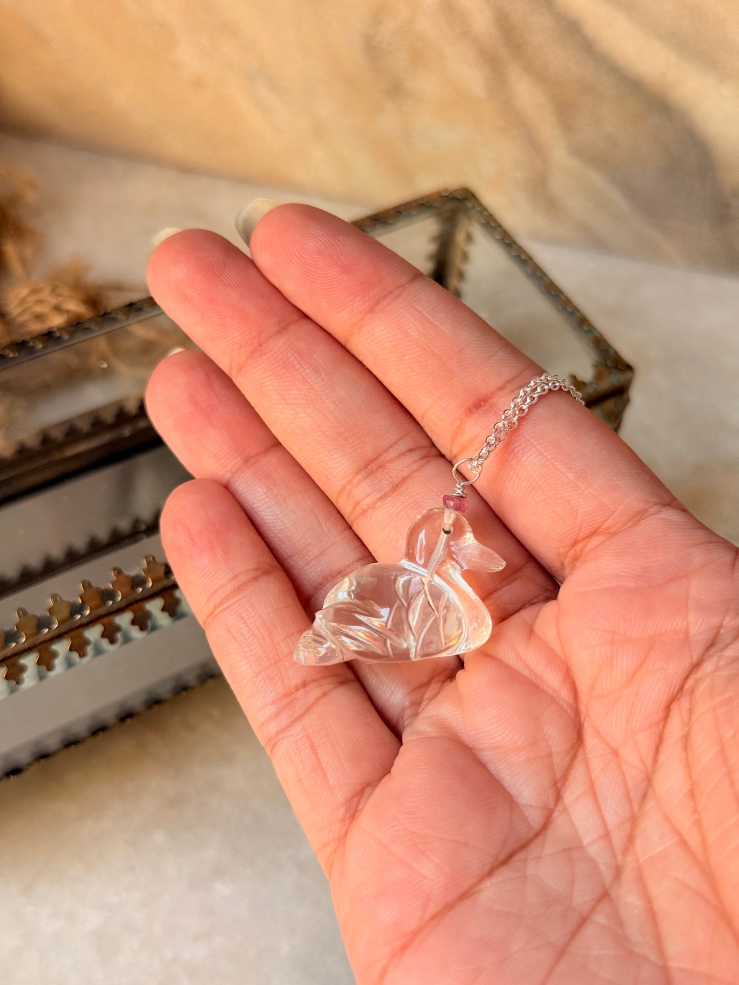 925 Sterling Silver Clear Quartz Duck Carved Pink Tourmaline Crystal Handcrafted Necklace