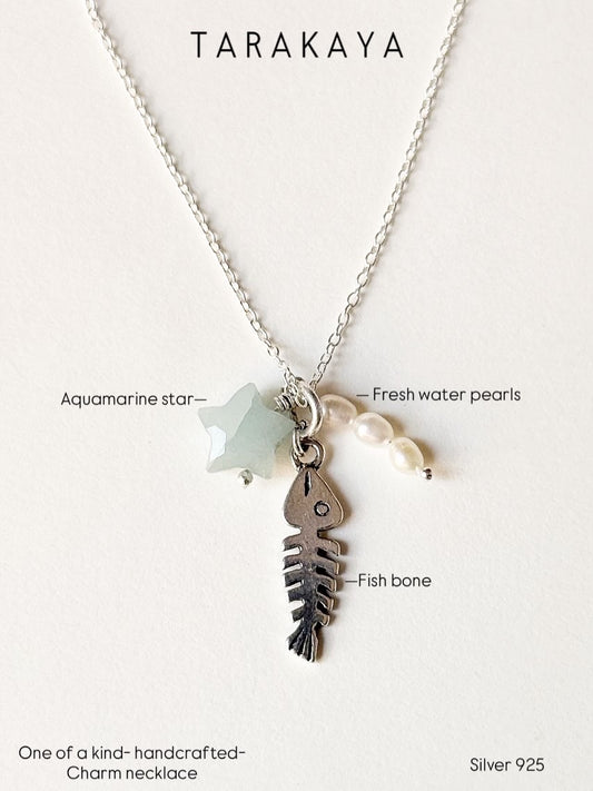925 Sterling Silver Aquamarine Star, Fresh Water Pearls & Fish Bone Charm Handcrafted Necklace