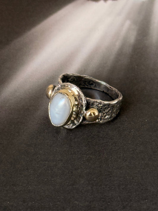 925 Sterling Silver Baroque Pearl Rustic Fusion Handcrafted Ring